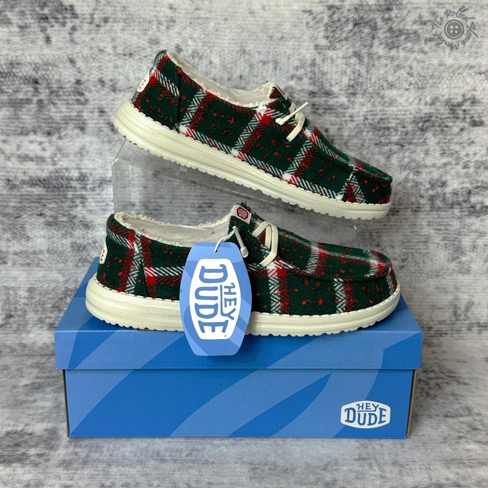 NIB Hey Dude Wendy Confetti Plaid‎ Cozy Christmas Slip-On Red Green Size 9